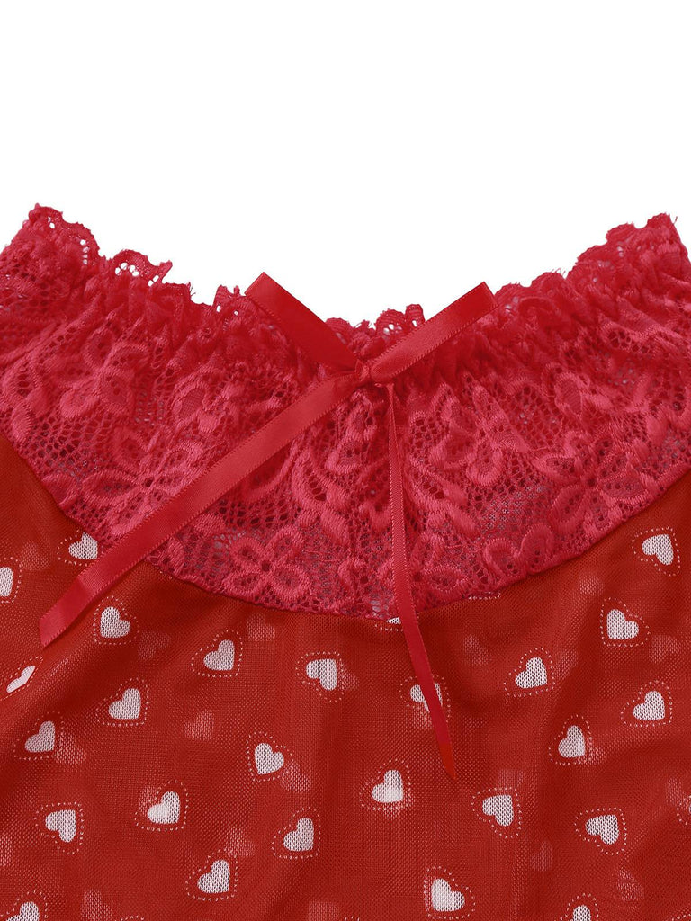 2PCS Rot 1960er Herz Bogen Rüschen Valentinstag Pyjama