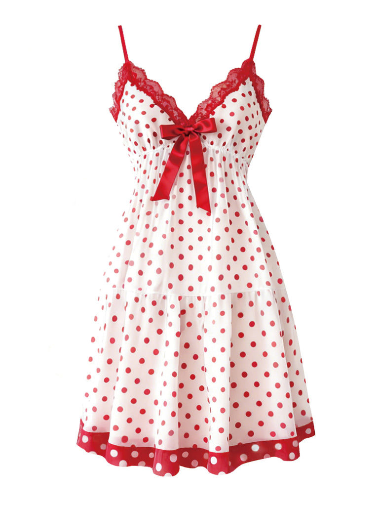 [Vorverkauf] Rot 1960er Polka Punkte Bogen Slip Nachthemd