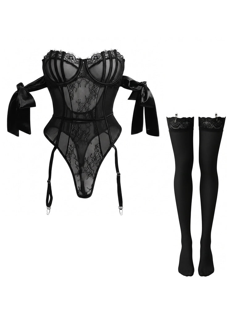 1980er Solide Schleife Bodysuit Pajama Mit Strümpfe