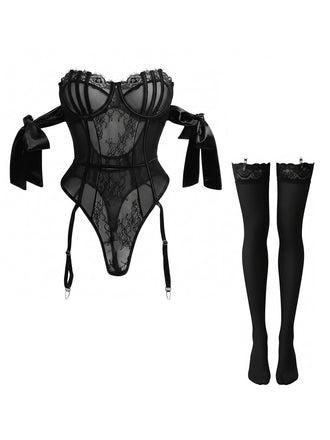 1980er Solide Schleife Bodysuit Pajama Mit Strümpfe