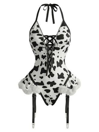 Schwarzes 1960er Kuhflecken Halter Schnürung Plüsch Dessous Set