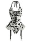Schwarzes 1960er Kuhflecken Halter Schnürung Plüsch Dessous Set