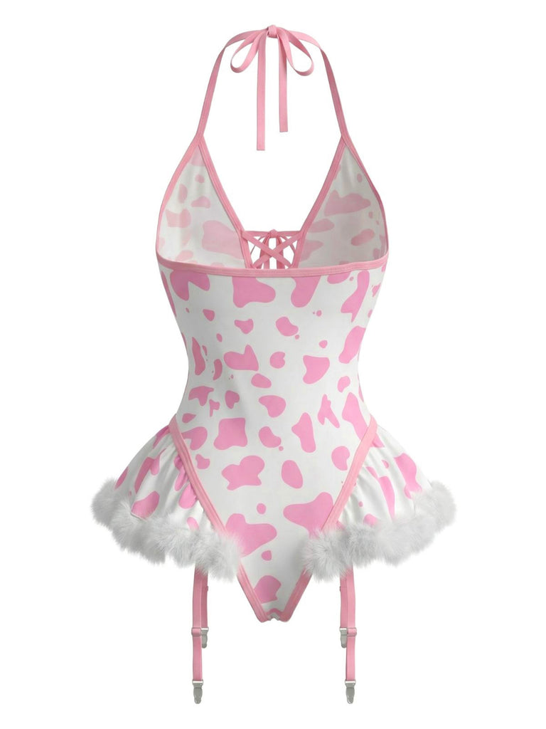 1960er Kuhflecken Halter Schnürung Plüsch Dessous Set