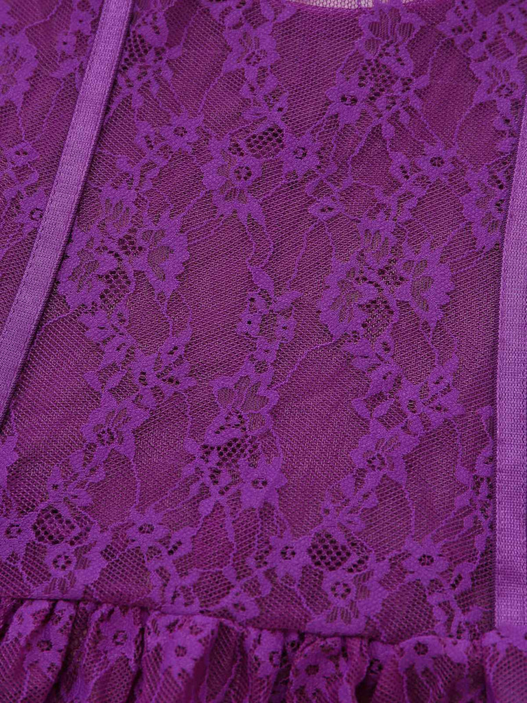 3PCS Lila 1980er Spitze Dessous Set mit Strümpfe