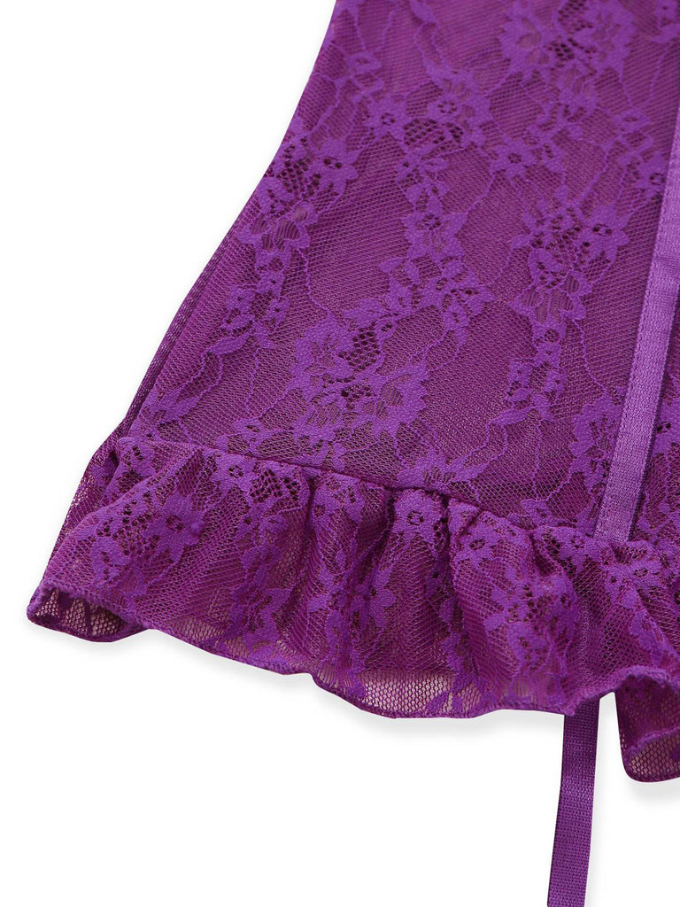 3PCS Lila 1980er Spitze Dessous Set mit Strümpfe