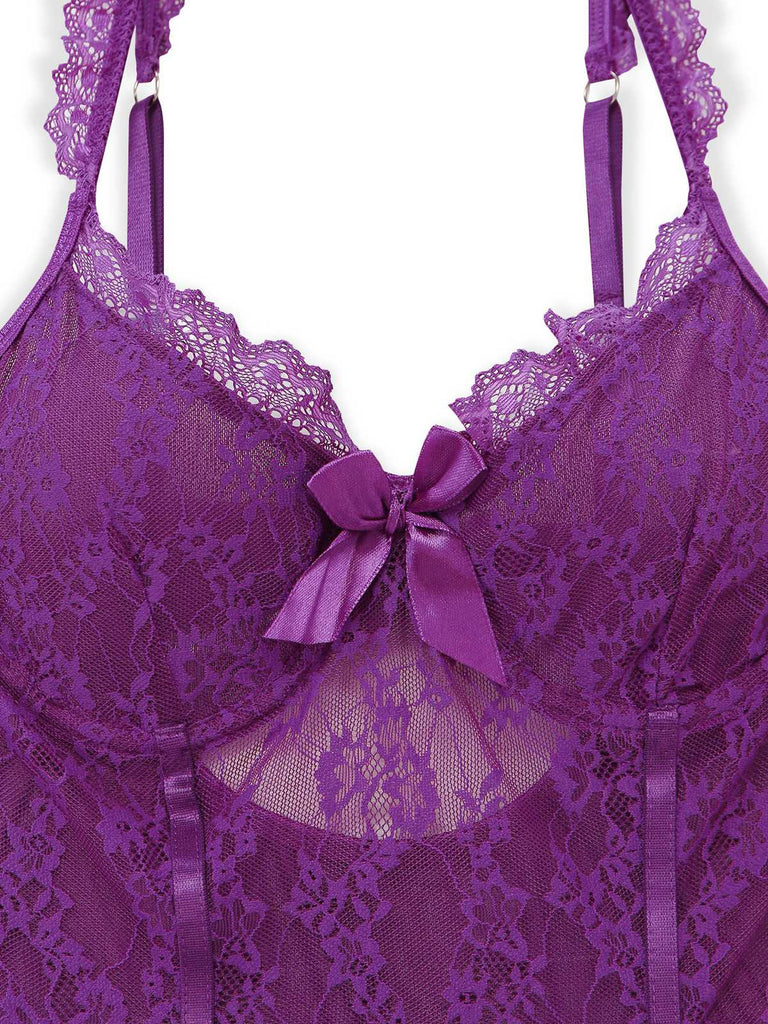 3PCS Lila 1980er Spitze Dessous Set mit Strümpfe