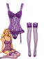 3PCS Lila 1980er Spitze Dessous Set mit Strümpfe