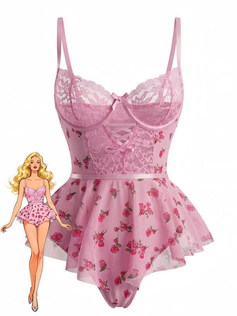 Rosa 1930er Slip Rosen Bogen Spitze Nachtwäsche