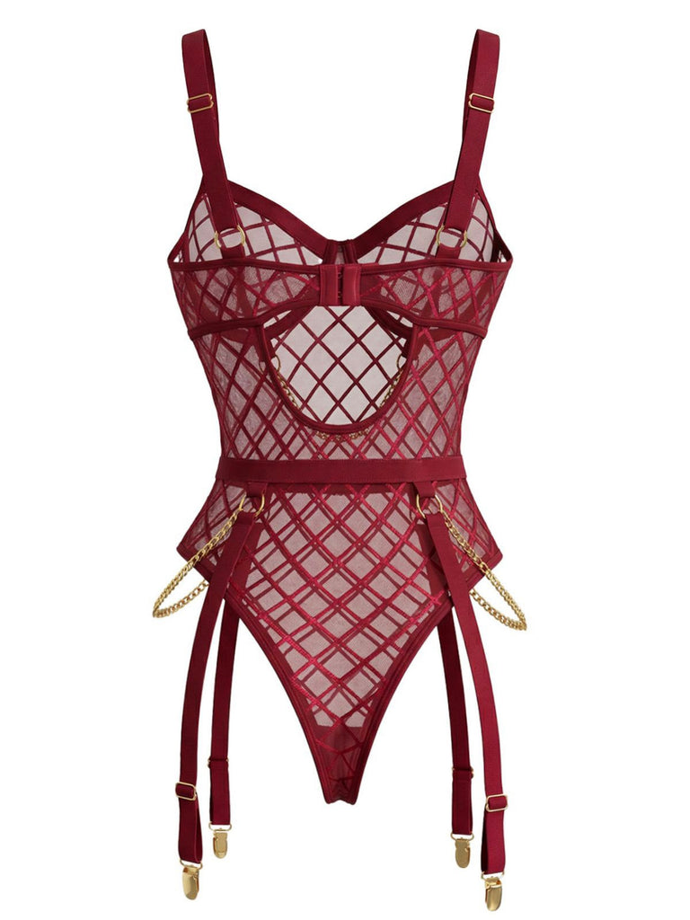 Rot 1970er Riemchen Ketten Akzente Durchsichtig Netz Lingerie