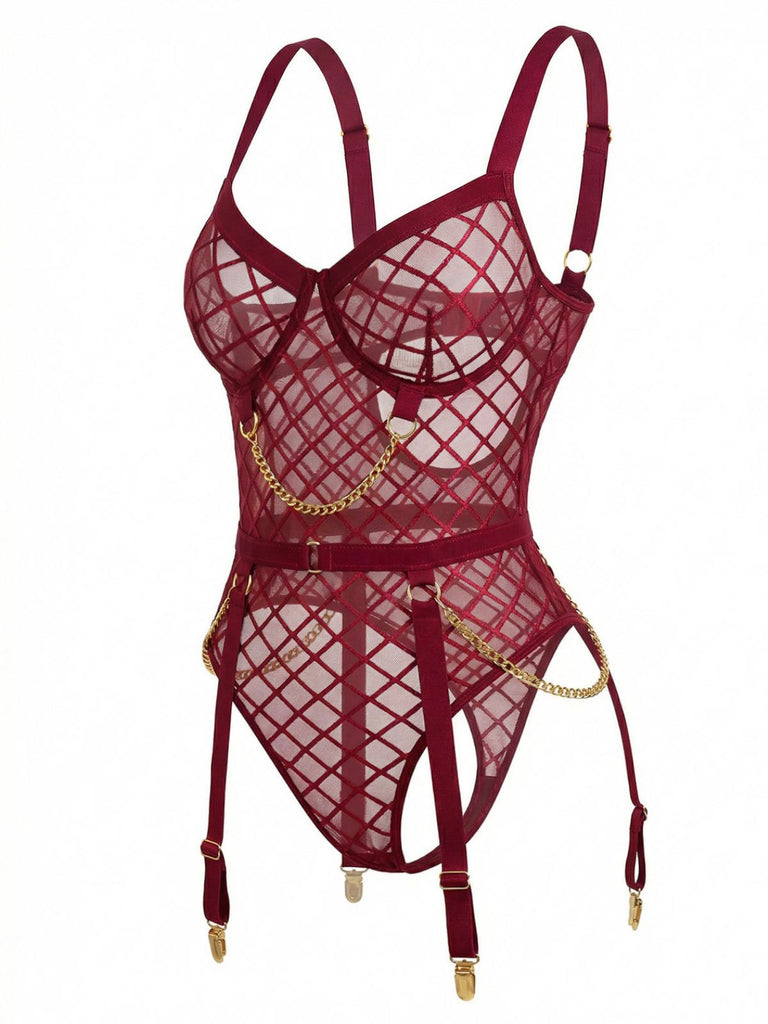 Rot 1970er Riemchen Ketten Akzente Durchsichtig Netz Lingerie