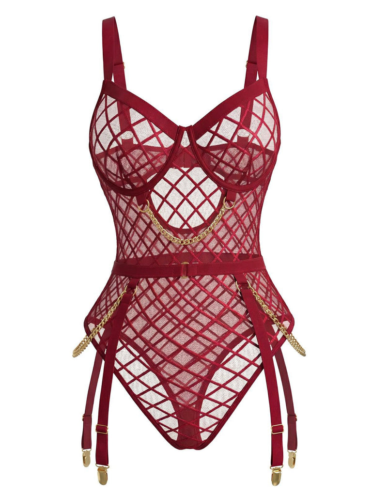 Rot 1970er Riemchen Ketten Akzente Durchsichtig Netz Lingerie