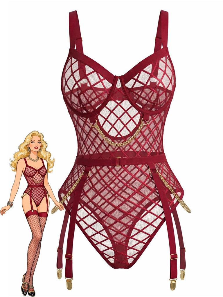 Rot 1970er Riemchen Ketten Akzente Durchsichtig Netz Lingerie