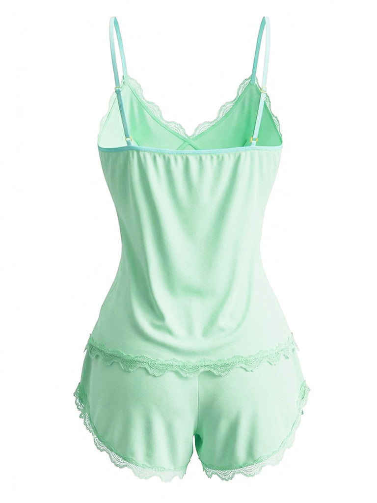 Weinrot 1980er Slip Spitze Blumen Bogen Pajama Set