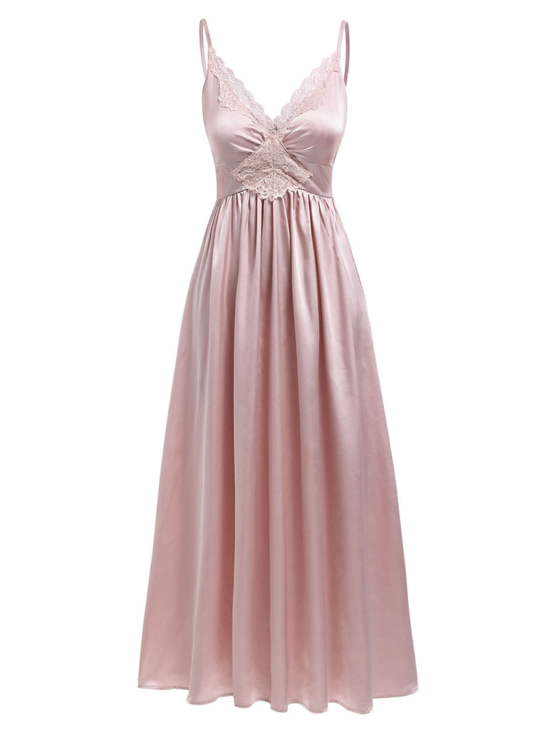 Rosa 1930er Uni Spitze Satin Nachthemd