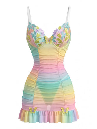 Pastell-Regenbogen 60er Nachtkleid mit 3D-Blumen und Schmetterling