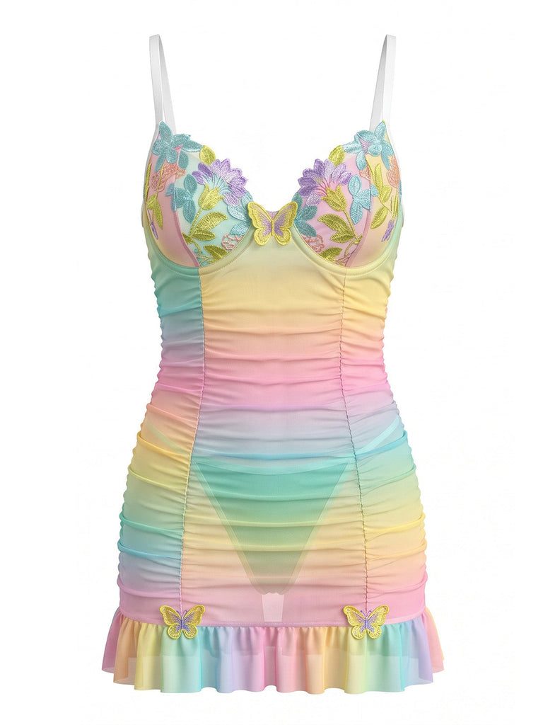 Regenbogen 60er Netz-Nachthemd mit Blumen und Schmetterling