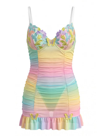 Regenbogen 60er Netz-Nachthemd mit Blumen und Schmetterling