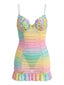 Pastell-Regenbogen 60er Nachtkleid mit 3D-Blumen und Schmetterling