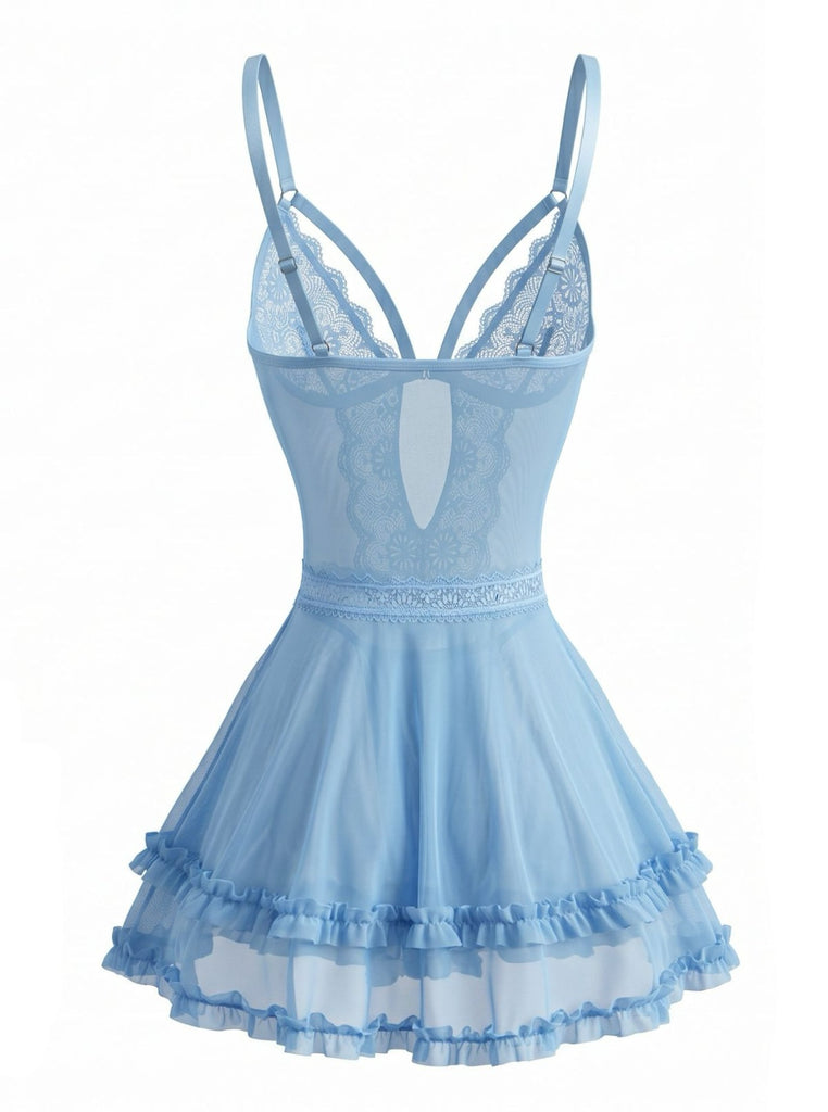 Blaue 80er Nachthemd mit Spaghettiträger und Blumen