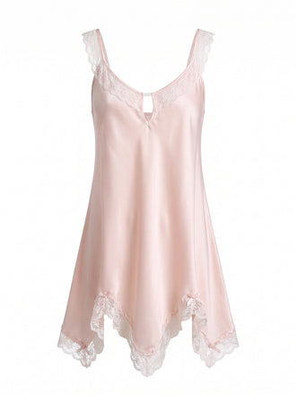 Rosa 30er Satin-Nachthemd mit Rundhalsausschnitt und Spitze