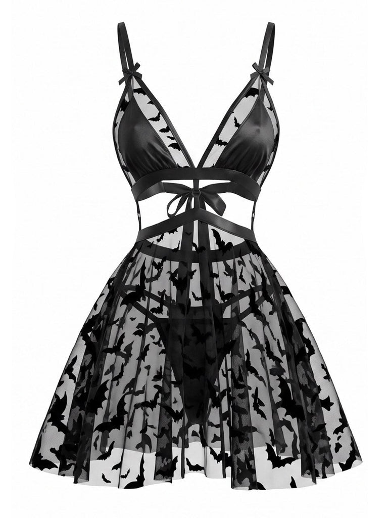 70er Halloween Dessous-Set mit Fledermaus und Cut-out-Schnürung