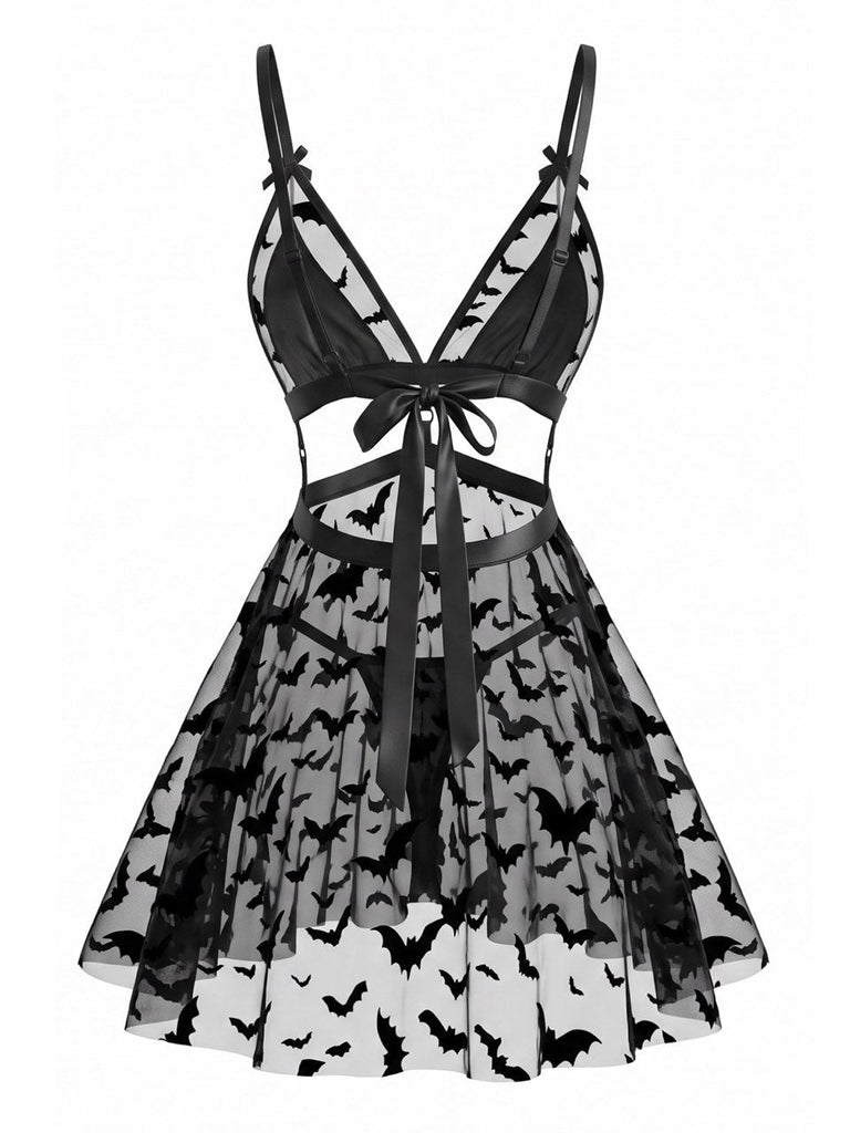 70er Halloween Dessous-Set mit Fledermaus und Cut-out-Schnürung
