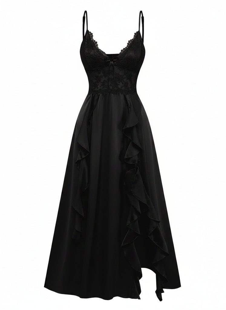 50er Satin-Nachtkleid mit Spitze und Spaghettiträgern