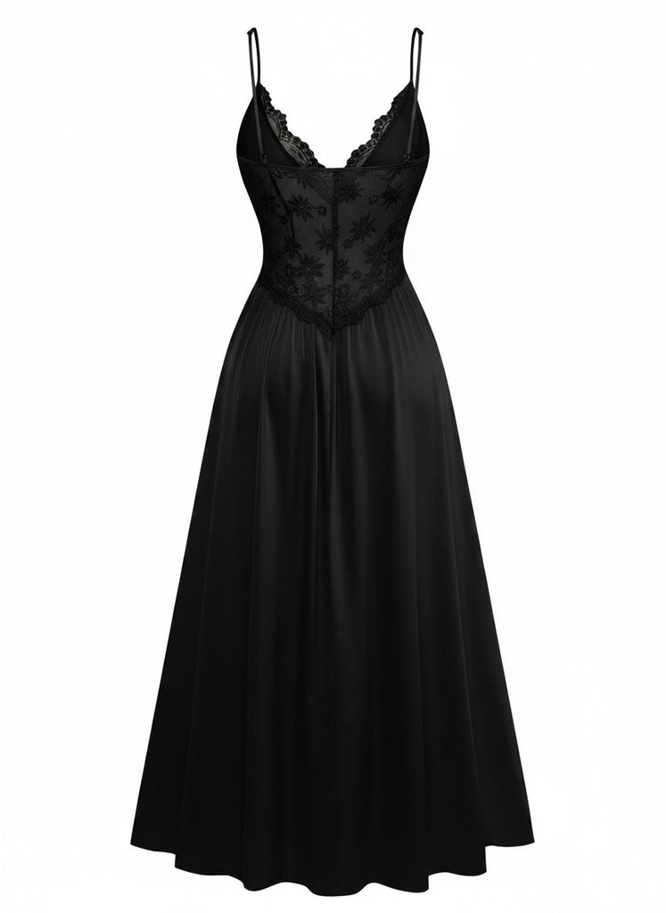 50er Satin-Nachtkleid mit Spitze und Spaghettiträgern