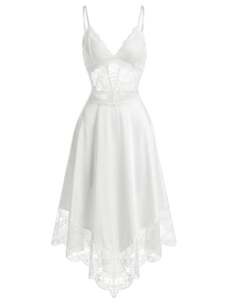 Weiß 30er Satin-Nachthemd mit Spitze