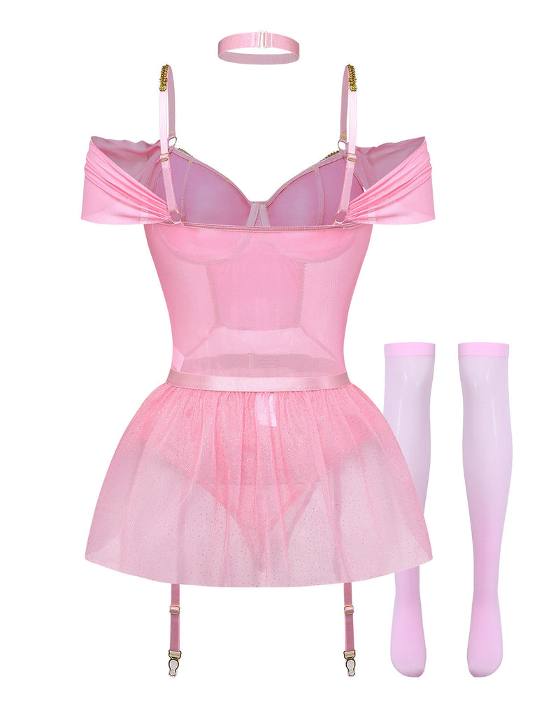 Rosa 60er Dessous-Set mit Glitzer und Tutu-Body