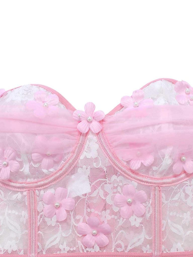Rosa 60er schulterfreies Schlafanzug-Set mit Blumen und Spitze