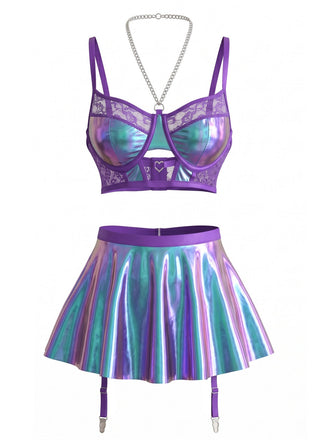 Lila 80er Dessous-Set mit Neckholder und Spitze