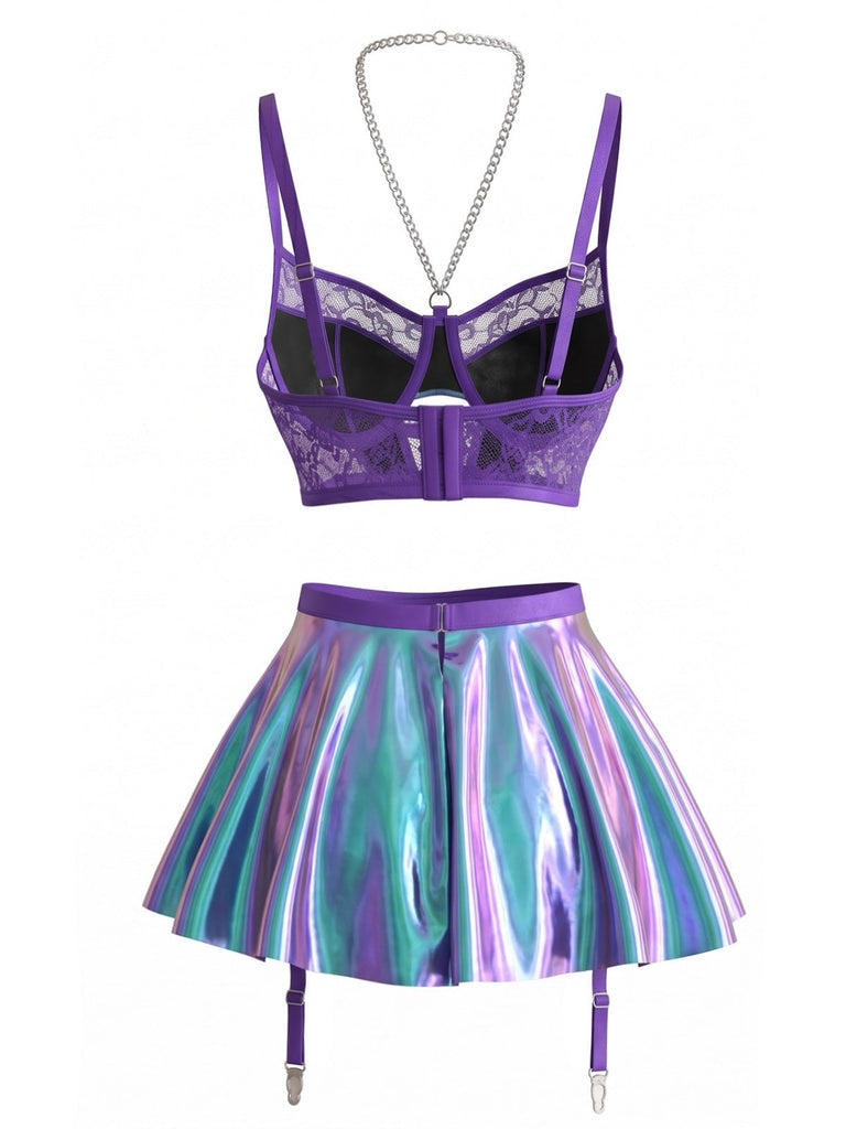 Lila 80er Dessous-Set mit Neckholder und Spitze