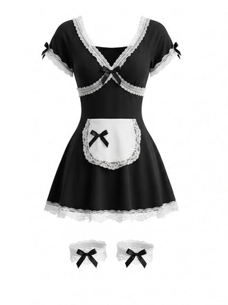 Schwarzes 80er Dienstmädchenkleid mit Schleife und Strumpfbändern
