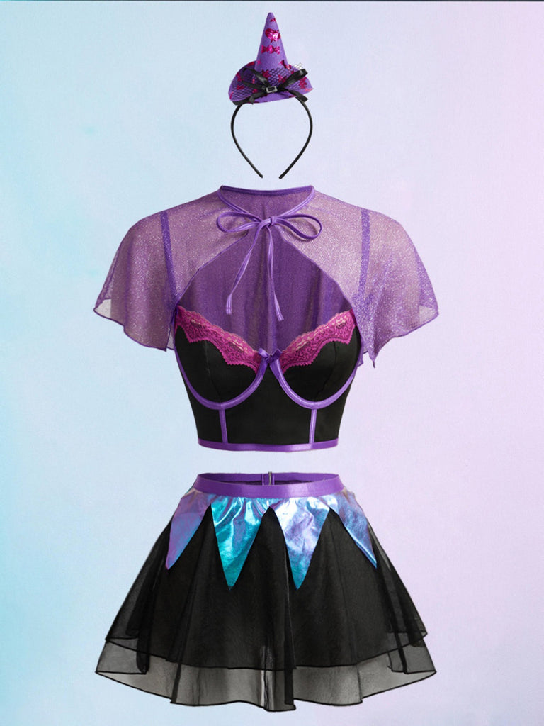 80er Hexen-Dessous-Set mit Spitzen-Cape und Rock