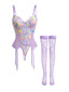 Lila 50er Dessous-Set mit floraler Spitze und Strümpfen