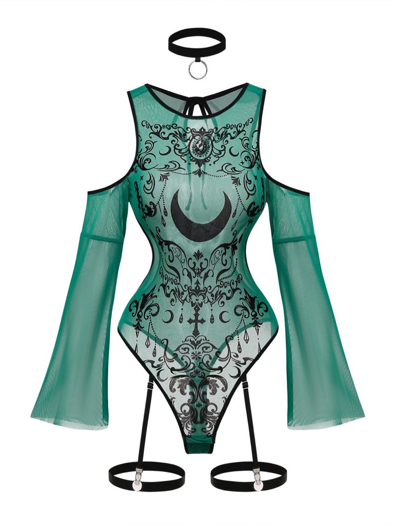 80er Cold-Shoulder Dessous-Set mit Print