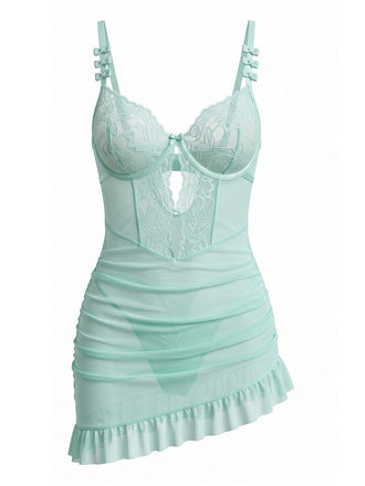Mintgrünes 80er Babydoll-Nachtkleid mit Spitze und Schleife