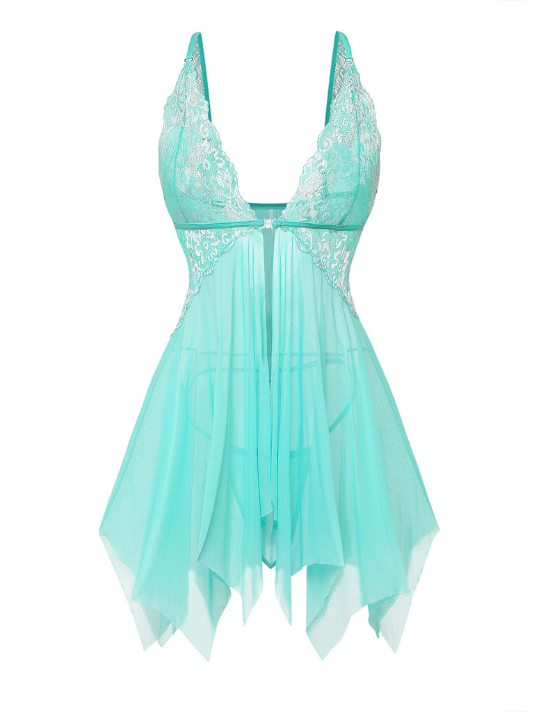 80er Babydoll-Negligé mit Spitze und V-Ausschnitt