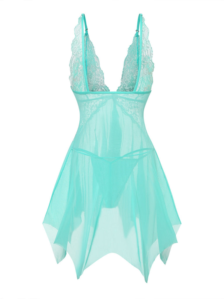 80er Babydoll-Negligé mit Spitze und V-Ausschnitt