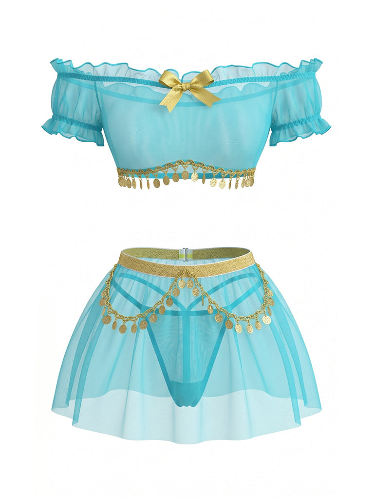 Blaues 50er Pyjama-Set aus transparentem Mesh