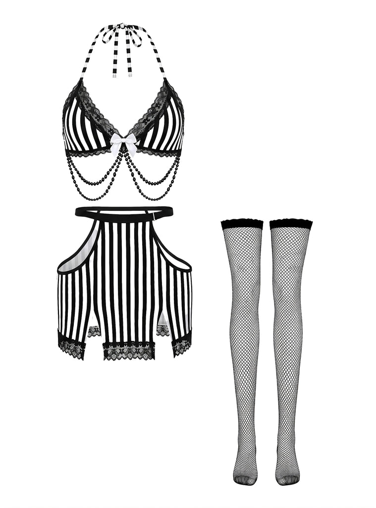 80er Strümpfe mit Neckholder und Spitze