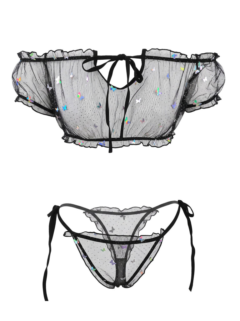 70er Dessous-Set mit Schmetterling und transparent