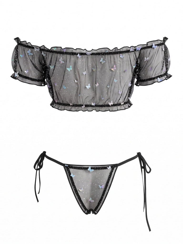 70er Dessous-Set mit Schmetterling und transparent