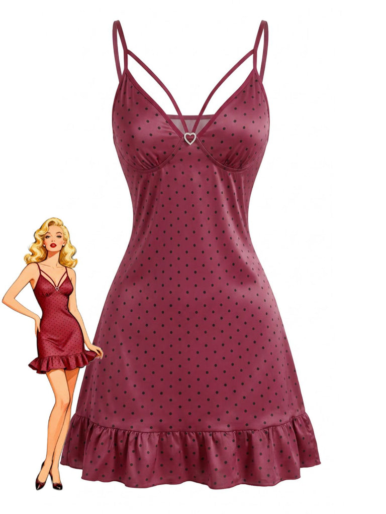 Burgunderrotes 40er Satin-Nachtkleid mit Polka-Dots und Rüschensaum