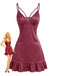 Burgunderrotes 40er Satin-Nachtkleid mit Polka-Dots und Rüschensaum
