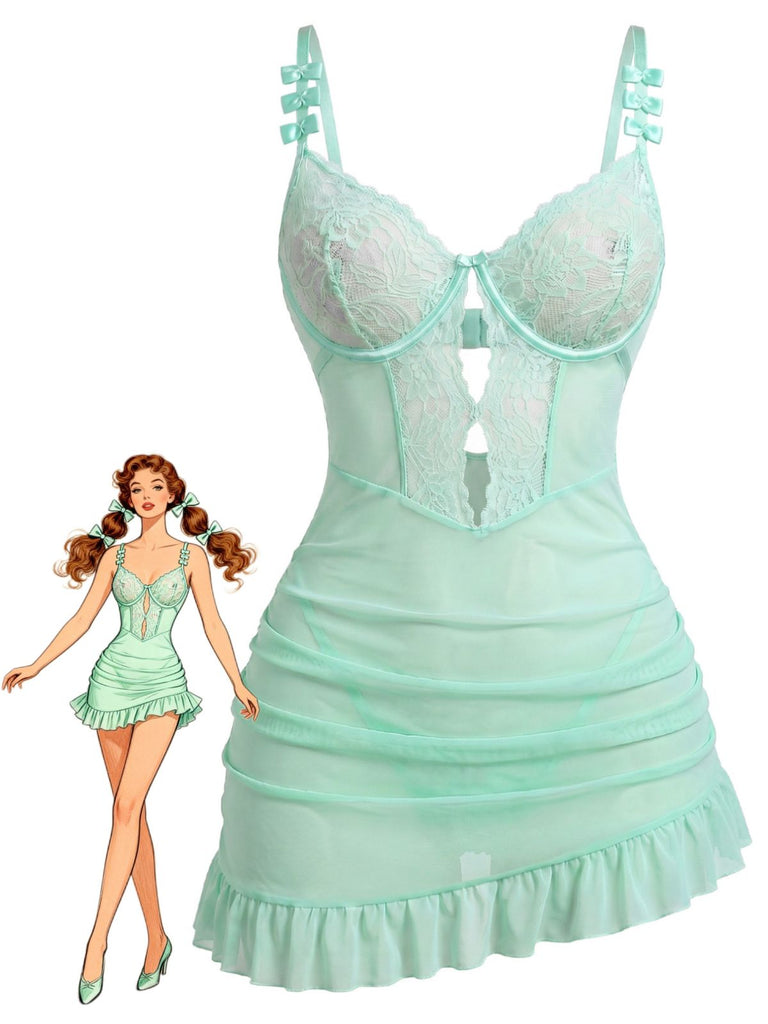 Grünes 70er Nachtkleid mit Spitzen-Mesh und Schleifen-Trägern
