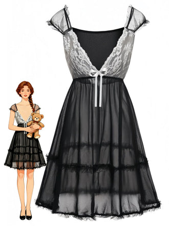 Schwarzes 70er Babydoll-Nachthemd mit Spitze
