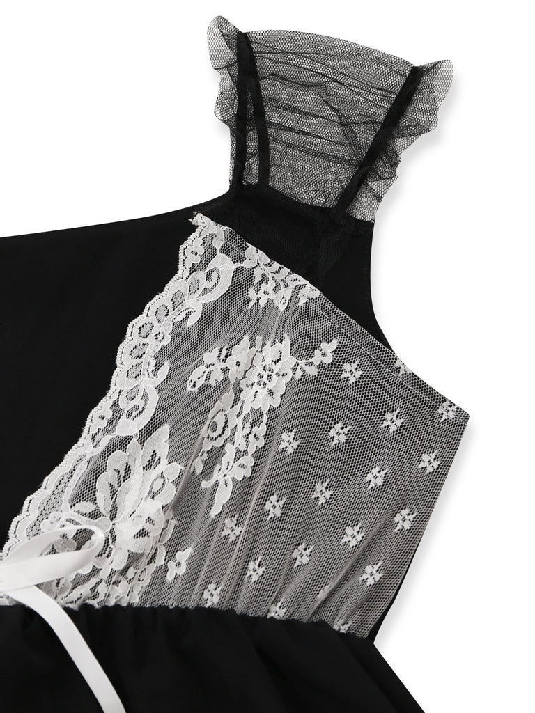Schwarzes 70er Babydoll-Nachthemd mit Spitze