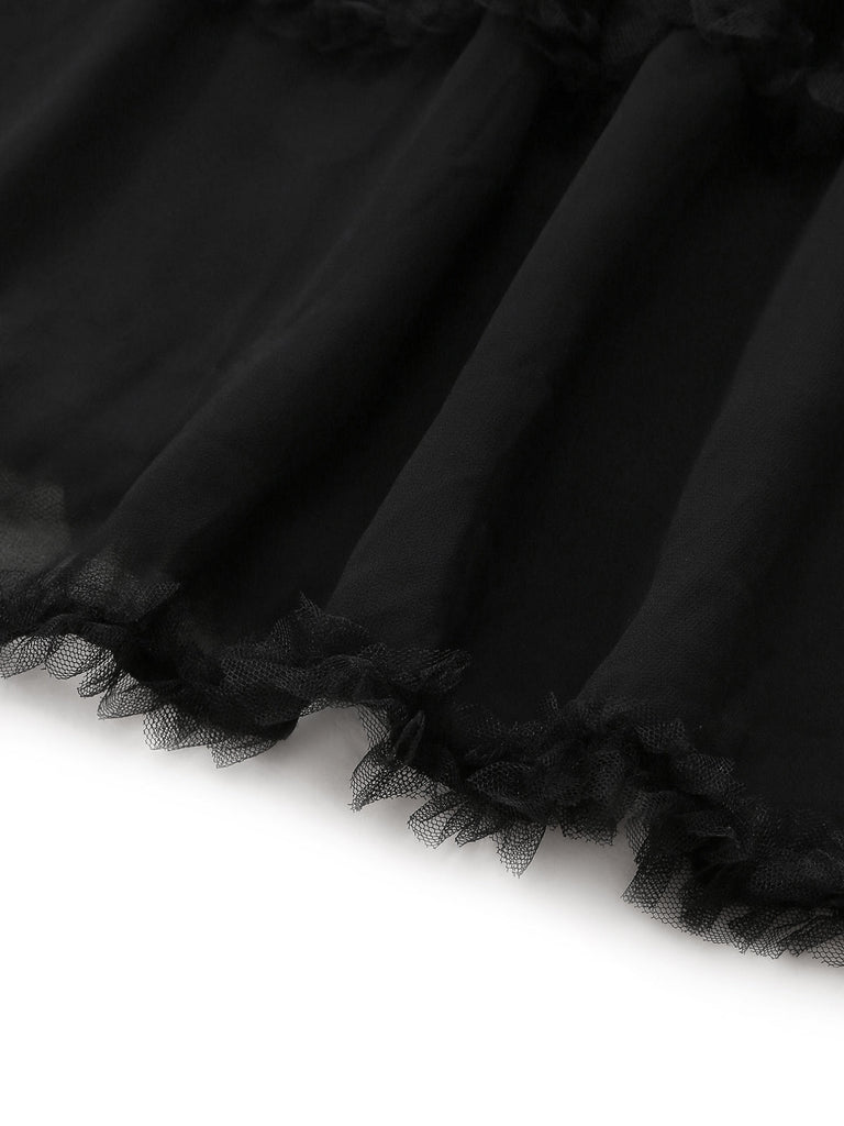 Schwarzes 70er Babydoll-Nachthemd mit Spitze